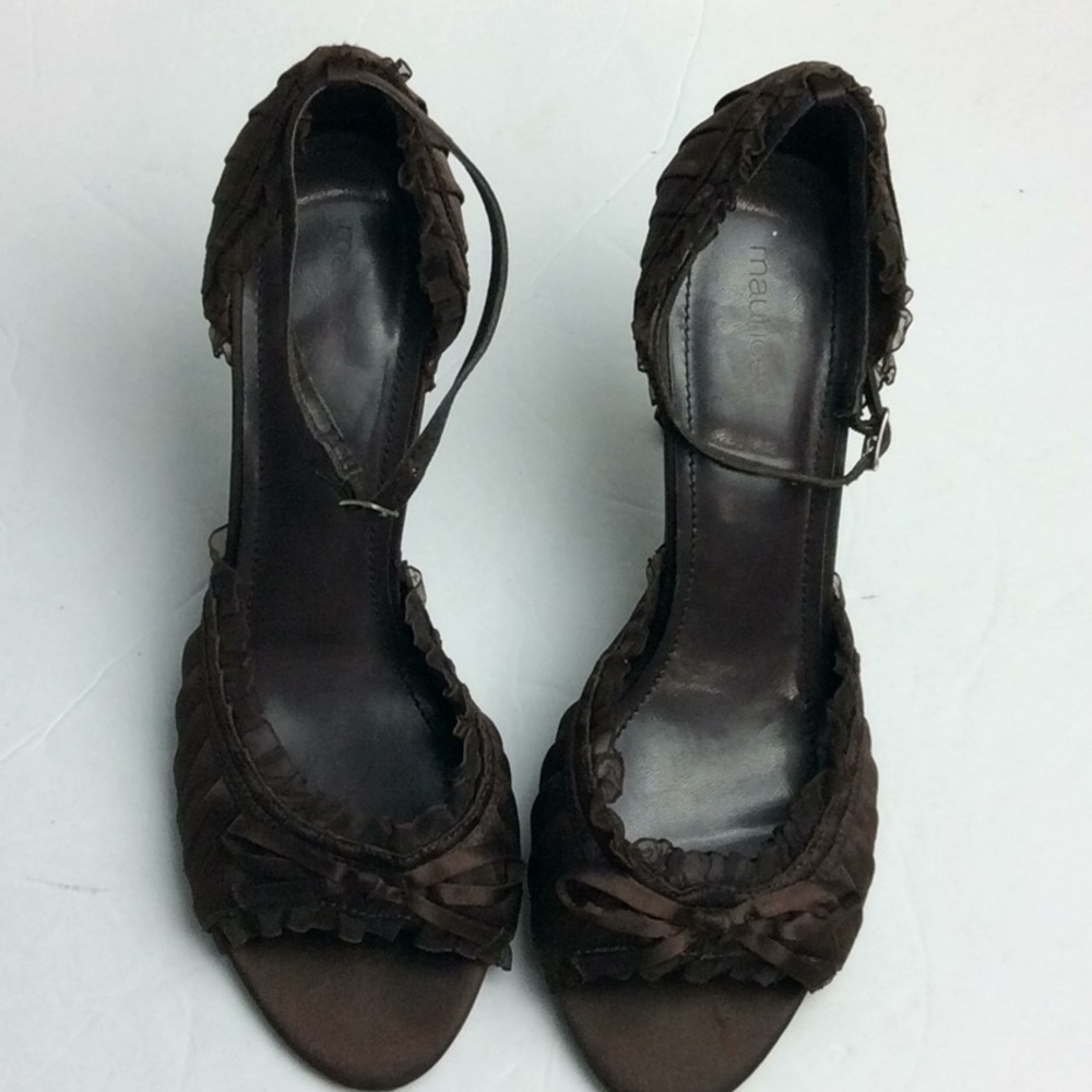 Maurices Ladies Brown Ruffled Open Toe Heels Sz 9 - Picture 1 of 8